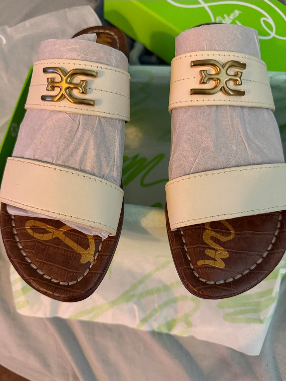 Sam Edelman Cream Double-Strap Slide Sandals with Gold Accent